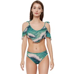 Blue Wave Pattern Ruffle Edge Tie Up Bikini Set	 by GardenOfOphir