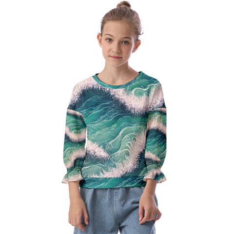 Blue Wave Pattern Kids  Cuff Sleeve Top by GardenOfOphir