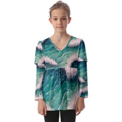 Blue Wave Pattern Kids  V Neck Casual Top by GardenOfOphir