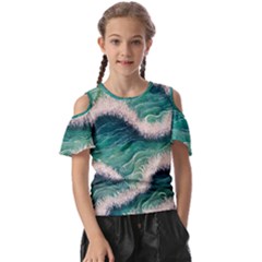 Blue Wave Pattern Kids  Butterfly Cutout Tee by GardenOfOphir