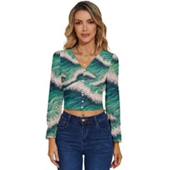 Blue Wave Pattern Long Sleeve V-neck Top