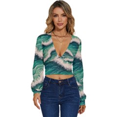 Blue Wave Pattern Long Sleeve Deep-v Velour Top by GardenOfOphir