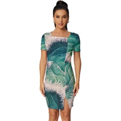 Blue Wave Pattern Fitted Knot Split End Bodycon Dress by GardenOfOphir