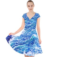 Abstract Blue Wave Cap Sleeve Front Wrap Midi Dress by GardenOfOphir