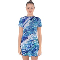 Abstract Blue Wave Drop Hem Mini Chiffon Dress by GardenOfOphir