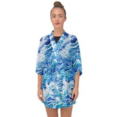 Abstract Blue Wave Half Sleeve Chiffon Kimono by GardenOfOphir