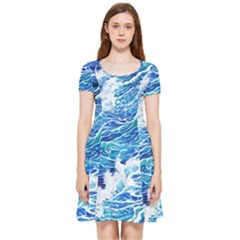 Abstract Blue Wave Inside Out Cap Sleeve Dress by GardenOfOphir