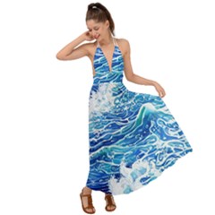 Abstract Blue Wave Backless Maxi Beach Dress by GardenOfOphir