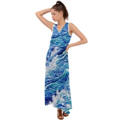 Abstract Blue Wave V-neck Chiffon Maxi Dress by GardenOfOphir