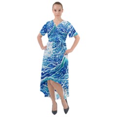 Abstract Blue Wave Front Wrap High Low Dress by GardenOfOphir