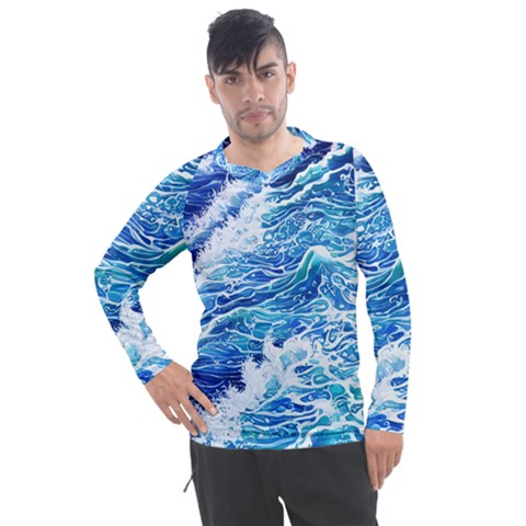 Abstract Blue Wave Men s Pique Long Sleeve Tee by GardenOfOphir