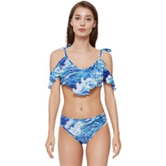 Abstract Blue Wave Ruffle Edge Tie Up Bikini Set	