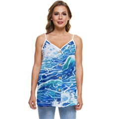 Abstract Blue Wave Casual Spaghetti Strap Chiffon Top by GardenOfOphir