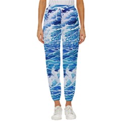 Abstract Blue Wave Cropped Drawstring Pants by GardenOfOphir