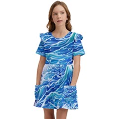 Abstract Blue Wave Kids  Frilly Sleeves Pocket Dress by GardenOfOphir