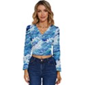 Abstract Blue Wave Long Sleeve V-Neck Top View1