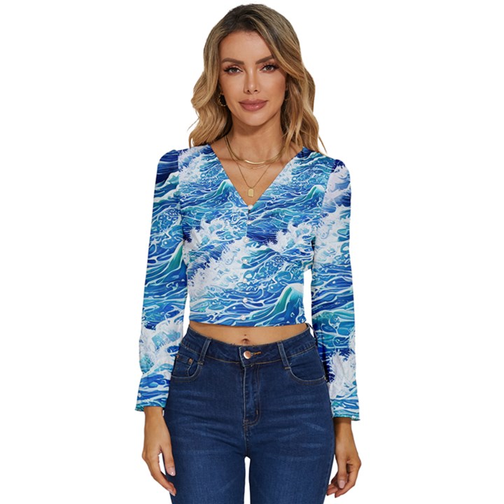 Abstract Blue Wave Long Sleeve V-Neck Top