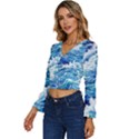 Abstract Blue Wave Long Sleeve V-Neck Top View2