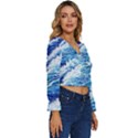 Abstract Blue Wave Long Sleeve V-Neck Top View3