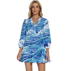 Abstract Blue Wave V-neck Placket Mini Dress