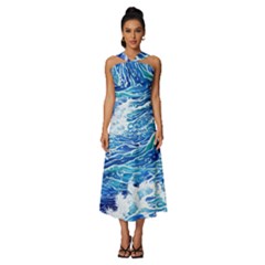 Abstract Blue Wave Sleeveless Cross Front Cocktail Midi Chiffon Dress