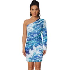 Abstract Blue Wave Long Sleeve One Shoulder Mini Dress by GardenOfOphir