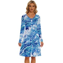 Abstract Blue Wave Long Sleeve Dress With Pocket by GardenOfOphir