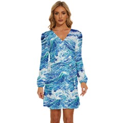 Abstract Blue Wave Long Sleeve Waist Tie Ruffle Velvet Dress