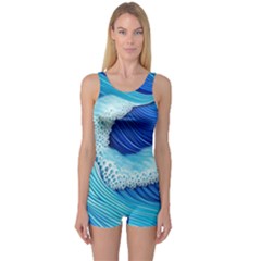 Waves Blue Ocean One Piece Boyleg Swimsuit by GardenOfOphir