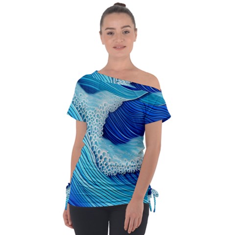 Waves Blue Ocean Off Shoulder Tie-up Tee by GardenOfOphir