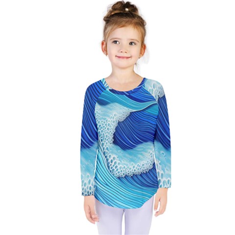 Waves Blue Ocean Kids  Long Sleeve Tee by GardenOfOphir