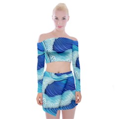 Waves Blue Ocean Off Shoulder Top With Mini Skirt Set by GardenOfOphir