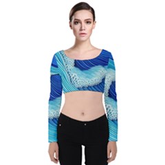 Waves Blue Ocean Velvet Long Sleeve Crop Top by GardenOfOphir