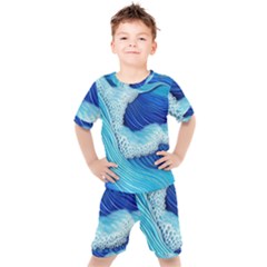 Waves Blue Ocean Kids  Tee And Shorts Set by GardenOfOphir