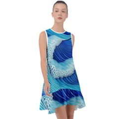 Waves Blue Ocean Frill Swing Dress by GardenOfOphir