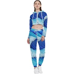 Waves Blue Ocean Cropped Zip Up Lounge Set by GardenOfOphir