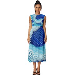 Waves Blue Ocean Sleeveless Round Neck Midi Dress by GardenOfOphir