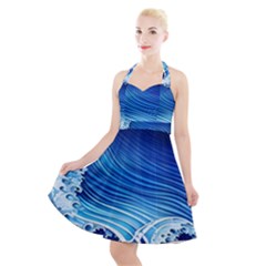 Watercolor Wave Halter Party Swing Dress  by GardenOfOphir