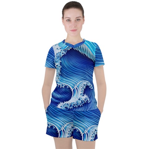 Watercolor Wave Women s Tee And Shorts Set by GardenOfOphir