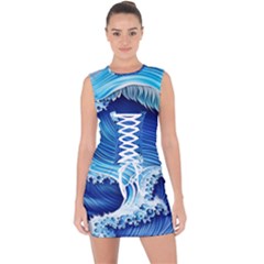 Watercolor Wave Lace Up Front Bodycon Dress by GardenOfOphir