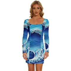 Watercolor Wave Long Sleeve Square Neck Bodycon Velvet Dress