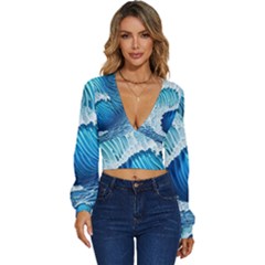 Beach Wave Long Sleeve Deep-v Velour Top by GardenOfOphir