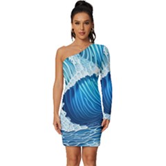 Beach Wave Long Sleeve One Shoulder Mini Dress by GardenOfOphir