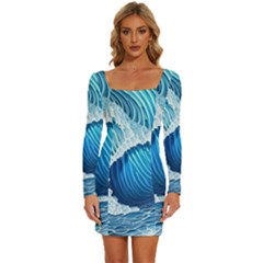 Beach Wave Long Sleeve Square Neck Bodycon Velvet Dress by GardenOfOphir