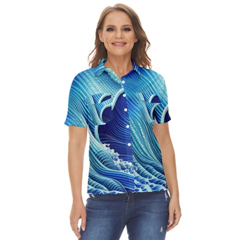 Wave Women s Short Sleeve Double Pocket Shirt by GardenOfOphir