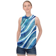 Blue Ocean Waves High Neck Satin Top by GardenOfOphir