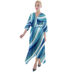 Blue Ocean Waves Quarter Sleeve Wrap Front Maxi Dress by GardenOfOphir