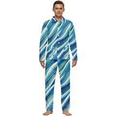 Blue Ocean Waves Men s Long Sleeve Velvet Pocket Pajamas Set by GardenOfOphir