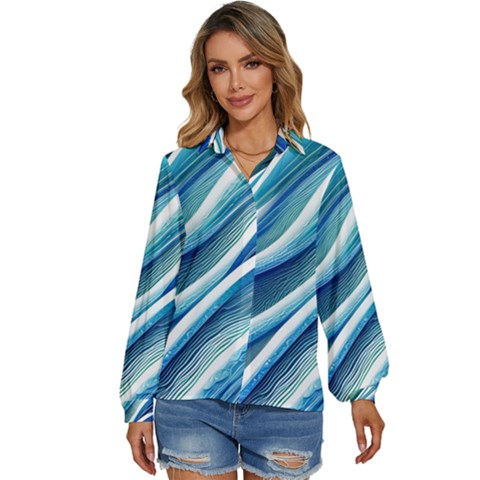 Blue Ocean Waves Women s Long Sleeve Button Down Shirt by GardenOfOphir