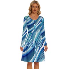 Blue Ocean Waves Long Sleeve Dress With Pocket